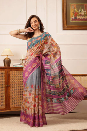 Violet Floral Printed Cotton Blend Saree