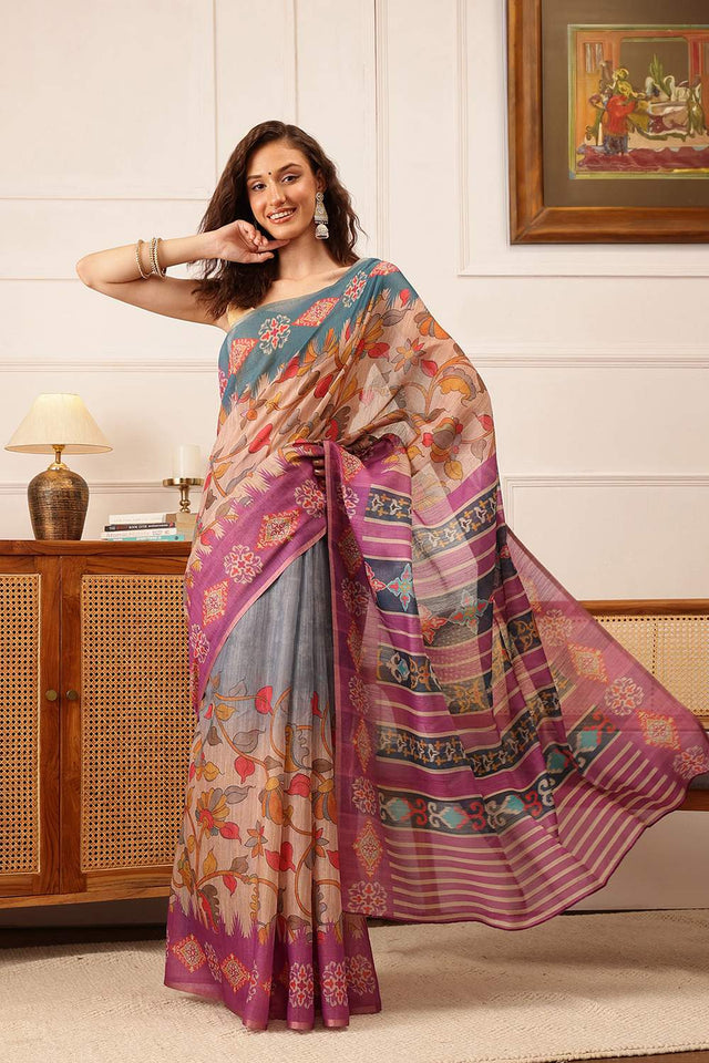 Violet Floral Printed Cotton Blend Saree