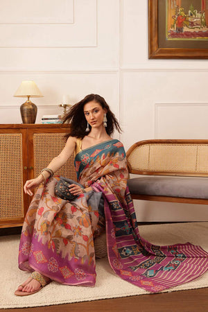 Violet Floral Printed Cotton Blend Saree