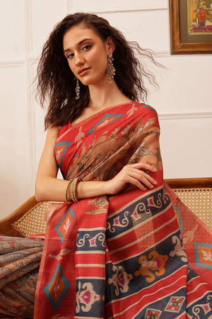 Red Floral Printed Cotton Blend Saree