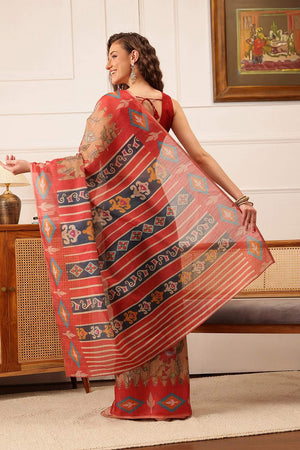 Red Floral Printed Cotton Blend Saree