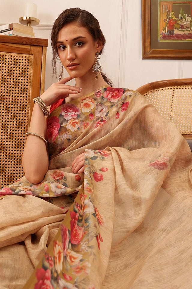 Beige Floral Printed Cotton Blend Saree (SZ-DGTRIJAL5-BE-2405)
