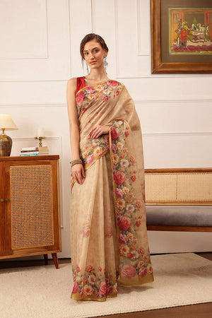 Beige Floral Printed Cotton Blend Saree (SZ-DGTRIJAL5-BE-2405)