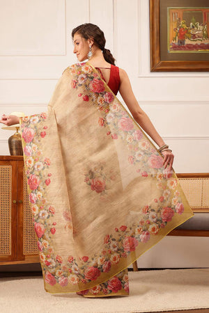 Beige Floral Printed Cotton Blend Saree (SZ-DGTRIJAL5-BE-2405)