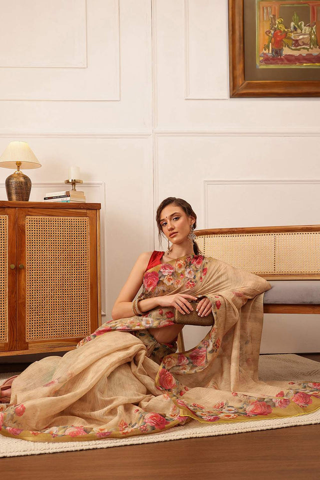 Beige Floral Printed Cotton Blend Saree (SZ-DGTRIJAL5-BE-2405)