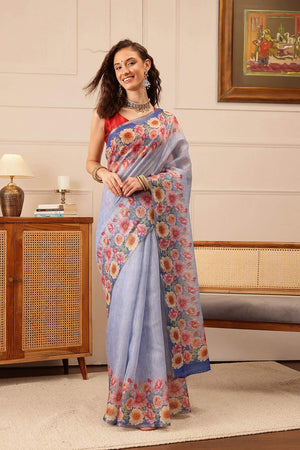 Blue Floral Printed Cotton Blend Saree