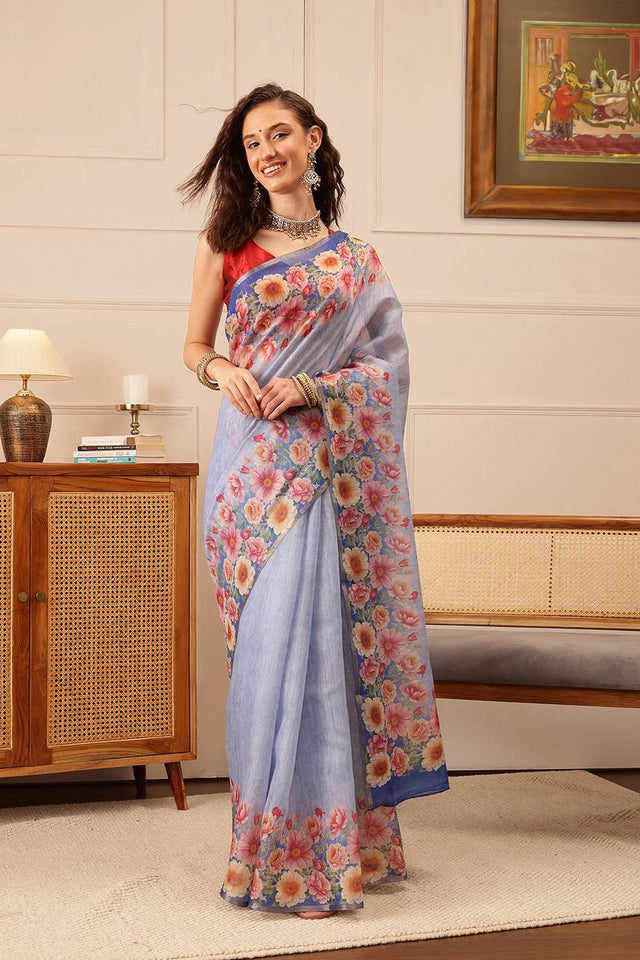 Blue Floral Printed Cotton Blend Saree