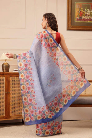 Blue Floral Printed Cotton Blend Saree