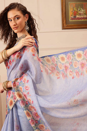Blue Floral Printed Cotton Blend Saree