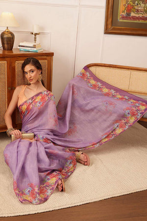 Lavender Floral Printed Cotton Blend Saree