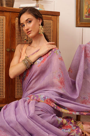 Lavender Floral Printed Cotton Blend Saree