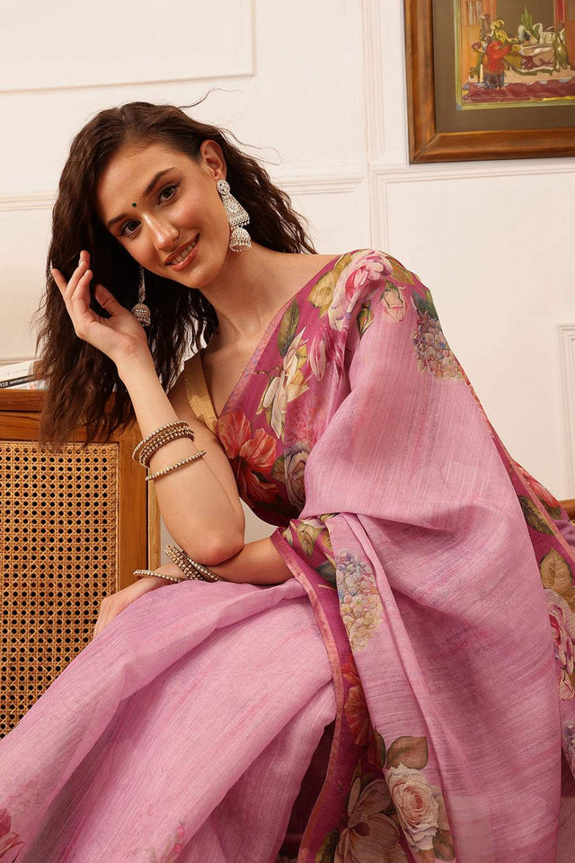 Pink Floral Printed Cotton Blend Saree (SZ-DGTRIJAL5-PN-2403)