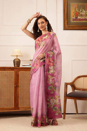 Pink Floral Printed Cotton Blend Saree (SZ-DGTRIJAL5-PN-2403)