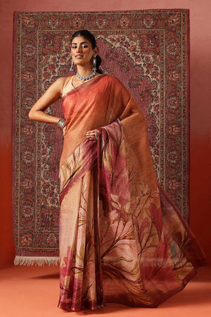 Beige Floral Printed Tissue Saree