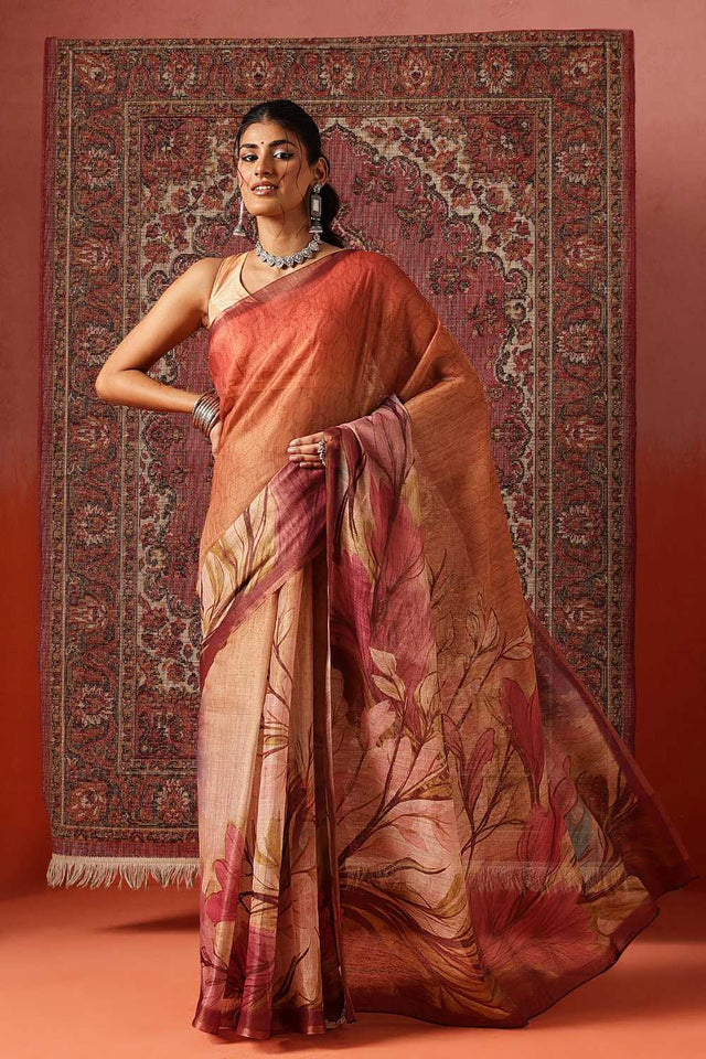 Beige Floral Printed Tissue Saree