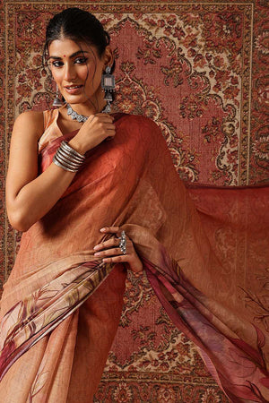 Beige Floral Printed Tissue Saree