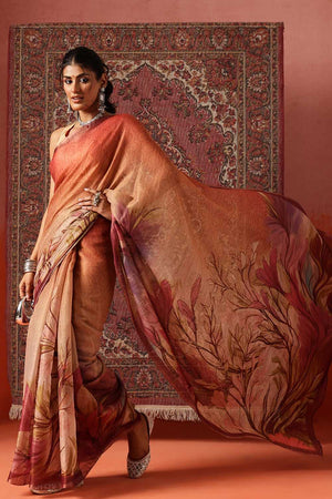 Beige Floral Printed Tissue Saree
