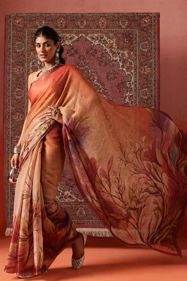Beige Floral Printed Tissue Saree
