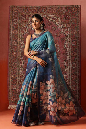 Blue Floral Printed Tissue Saree