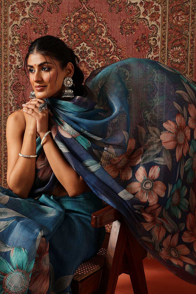 Blue Floral Printed Tissue Saree