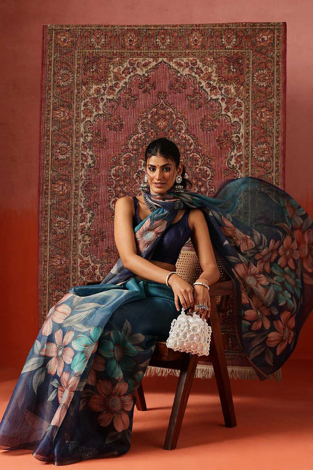 Blue Floral Printed Tissue Saree