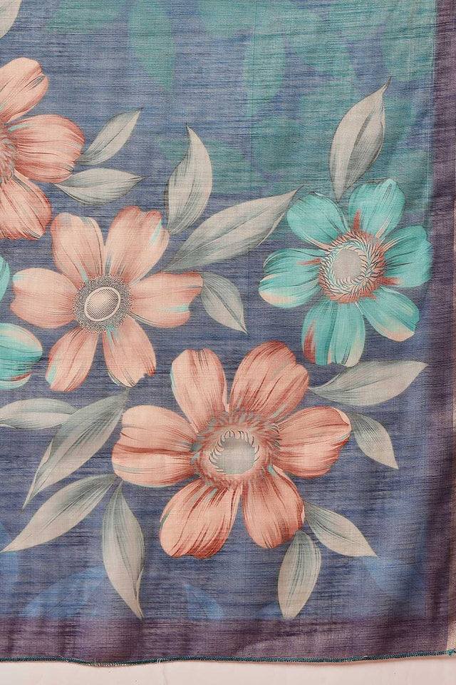 Blue Floral Printed Tissue Saree