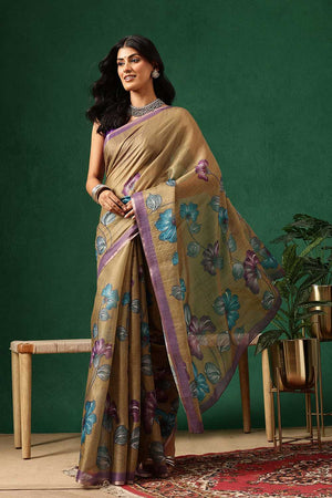 Olive Green Floral Printed Tissue Saree
