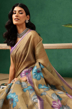 Olive Green Floral Printed Tissue Saree