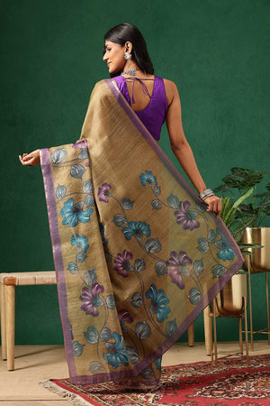 Olive Green Floral Printed Tissue Saree