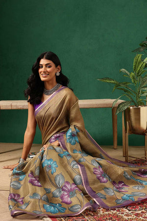 Olive Green Floral Printed Tissue Saree