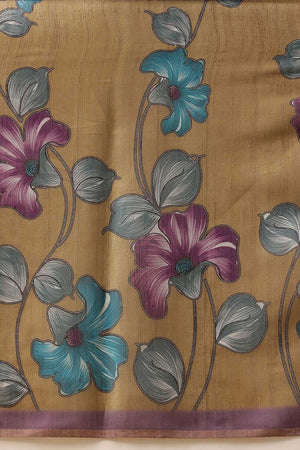 Olive Green Floral Printed Tissue Saree