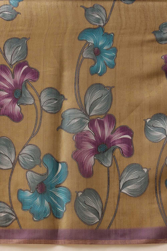 Olive Green Floral Printed Tissue Saree