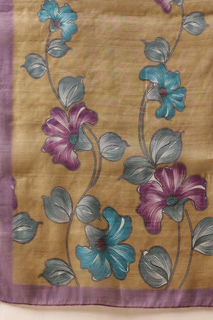 Olive Green Floral Printed Tissue Saree