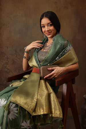 Green Munga Silk Floral Saree