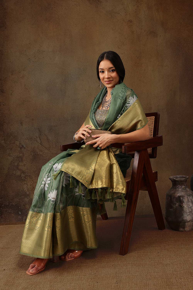 Green Munga Silk Floral Saree