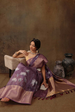 Lavender Munga Silk Floral Saree