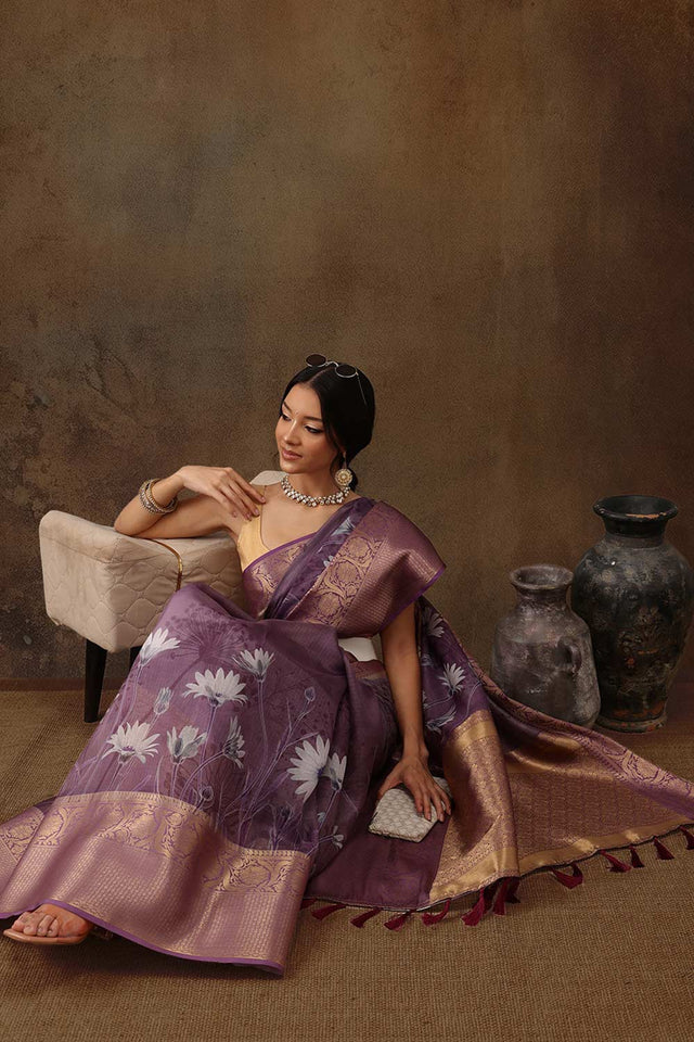 Lavender Munga Silk Floral Saree