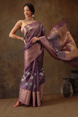 Lavender Munga Silk Floral Saree
