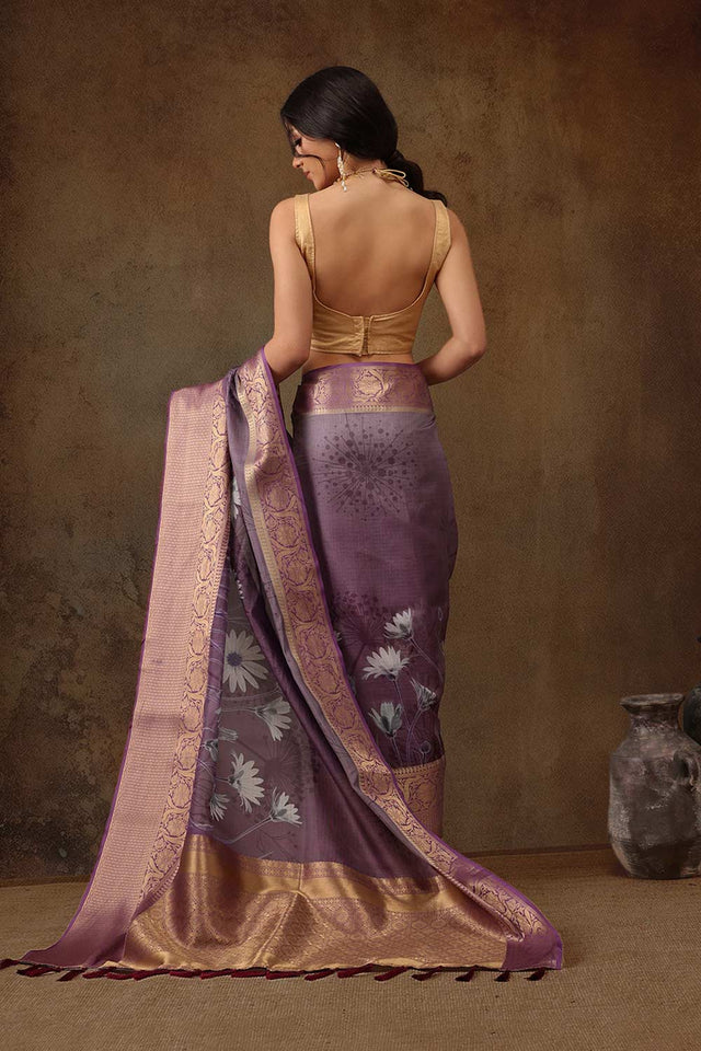 Lavender Munga Silk Floral Saree