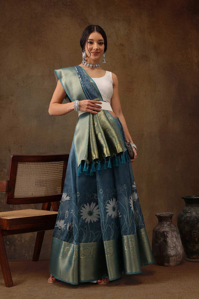 Teal Munga Silk Floral Saree