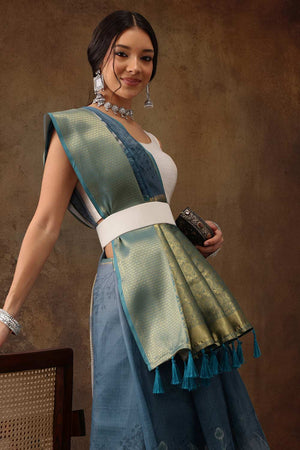 Teal Munga Silk Floral Saree