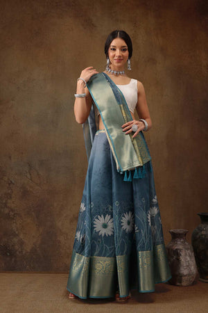Teal Munga Silk Floral Saree