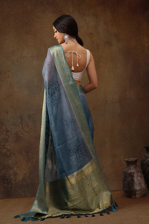 Teal Munga Silk Floral Saree