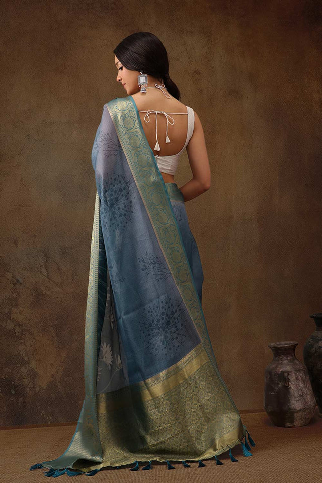 Teal Munga Silk Floral Saree