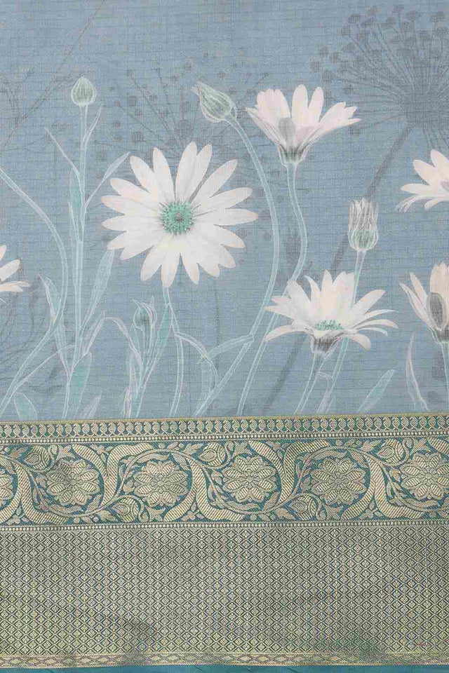 Teal Munga Silk Floral Saree