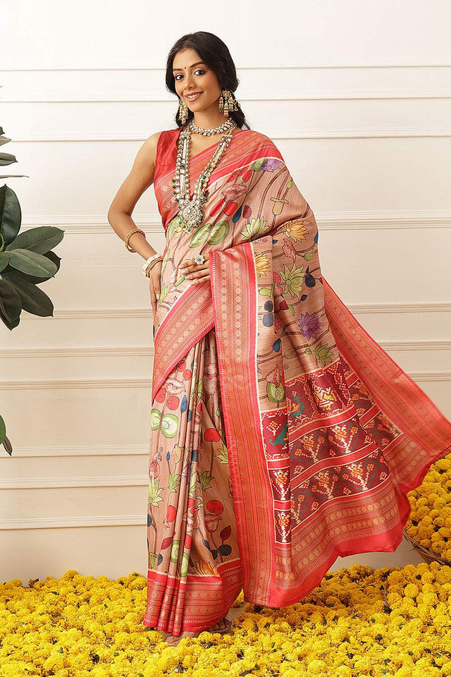 Peach Kalamkari Printed Silk Saree (SZ-DGUSHA-PE-3116)