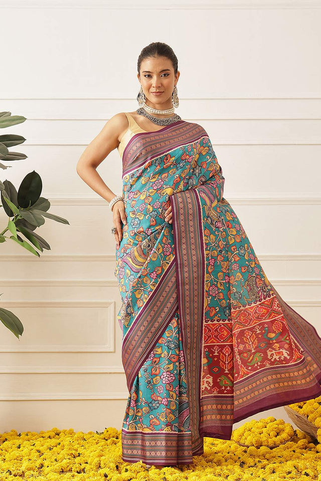 Turquoise Kalamkari Printed Silk Saree (SZ-DGUSHA-TL-3114)