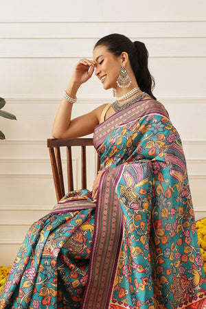 Turquoise Kalamkari Printed Silk Saree (SZ-DGUSHA-TL-3114)