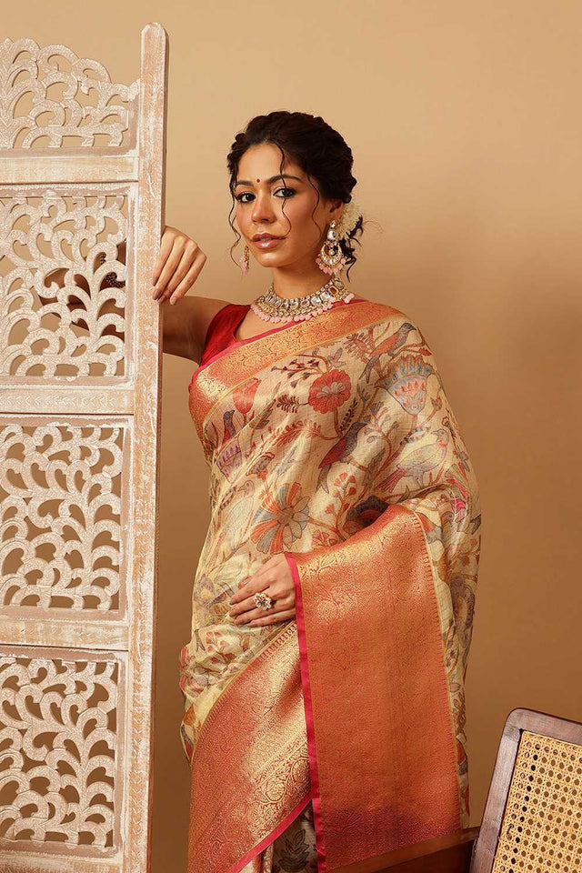 Beige Animal Printed Muga Silk Saree