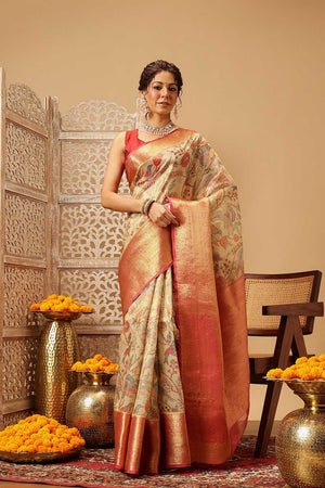 Beige Animal Printed Muga Silk Saree